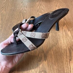 Gucci Brown Canvas Monogram Slide Heels with Dark Brown Leather